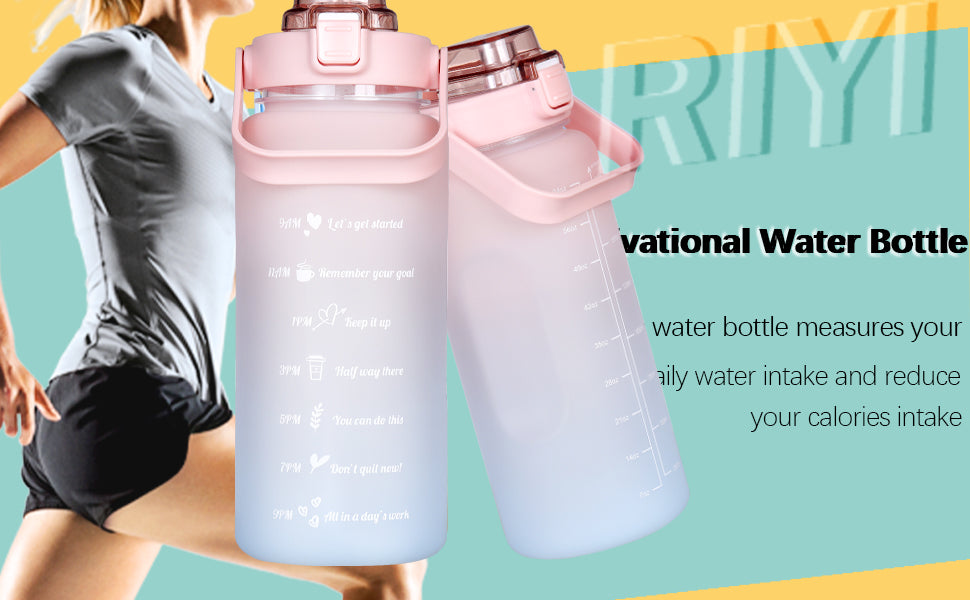 2 Liter Water Bottle Gym Water Bottle Gradient Color Sport Water Bottles with Time Marker Frosted Plastic Cup Bounce Lid Fitness