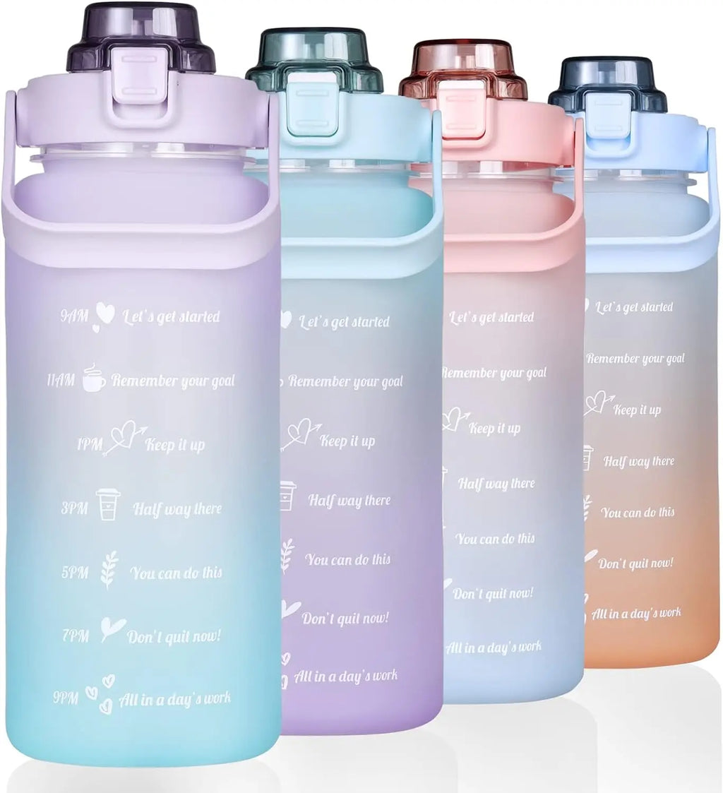 2 Liter Water Bottle Gym Water Bottle Gradient Color Sport Water Bottles with Time Marker Frosted Plastic Cup Bounce Lid Fitness