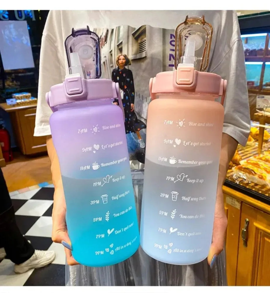 2 Liter Water Bottle Gym Water Bottle Gradient Color Sport Water Bottles with Time Marker Frosted Plastic Cup Bounce Lid Fitness