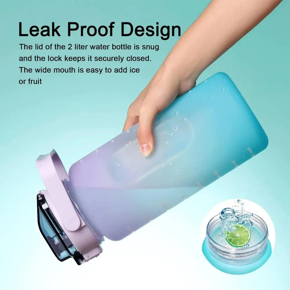 2 Liter Water Bottle Gym Water Bottle Gradient Color Sport Water Bottles with Time Marker Frosted Plastic Cup Bounce Lid Fitness