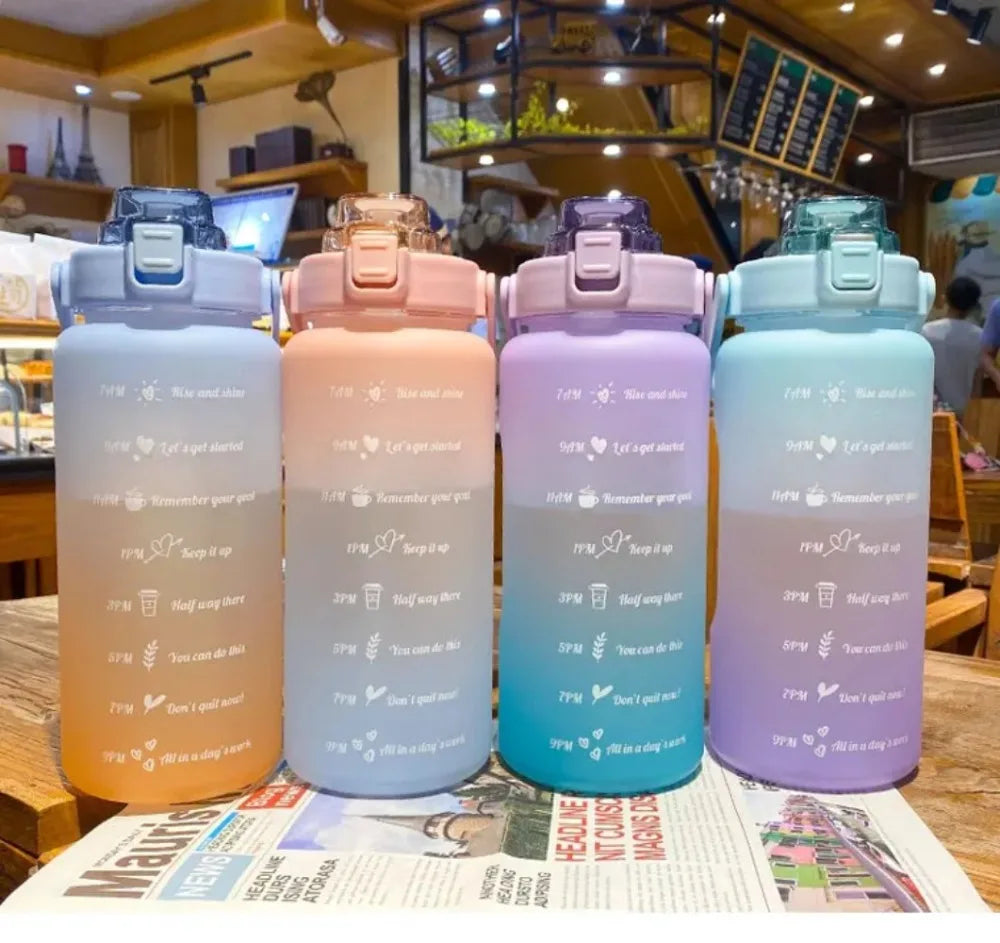 2 Liter Water Bottle Gym Water Bottle Gradient Color Sport Water Bottles with Time Marker Frosted Plastic Cup Bounce Lid Fitness