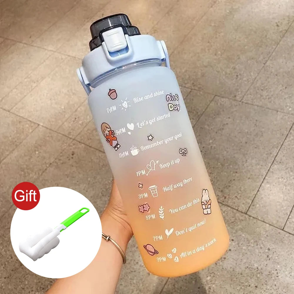 2 Liter Water Bottle Gym Water Bottle Gradient Color Sport Water Bottles with Time Marker Frosted Plastic Cup Bounce Lid Fitness
