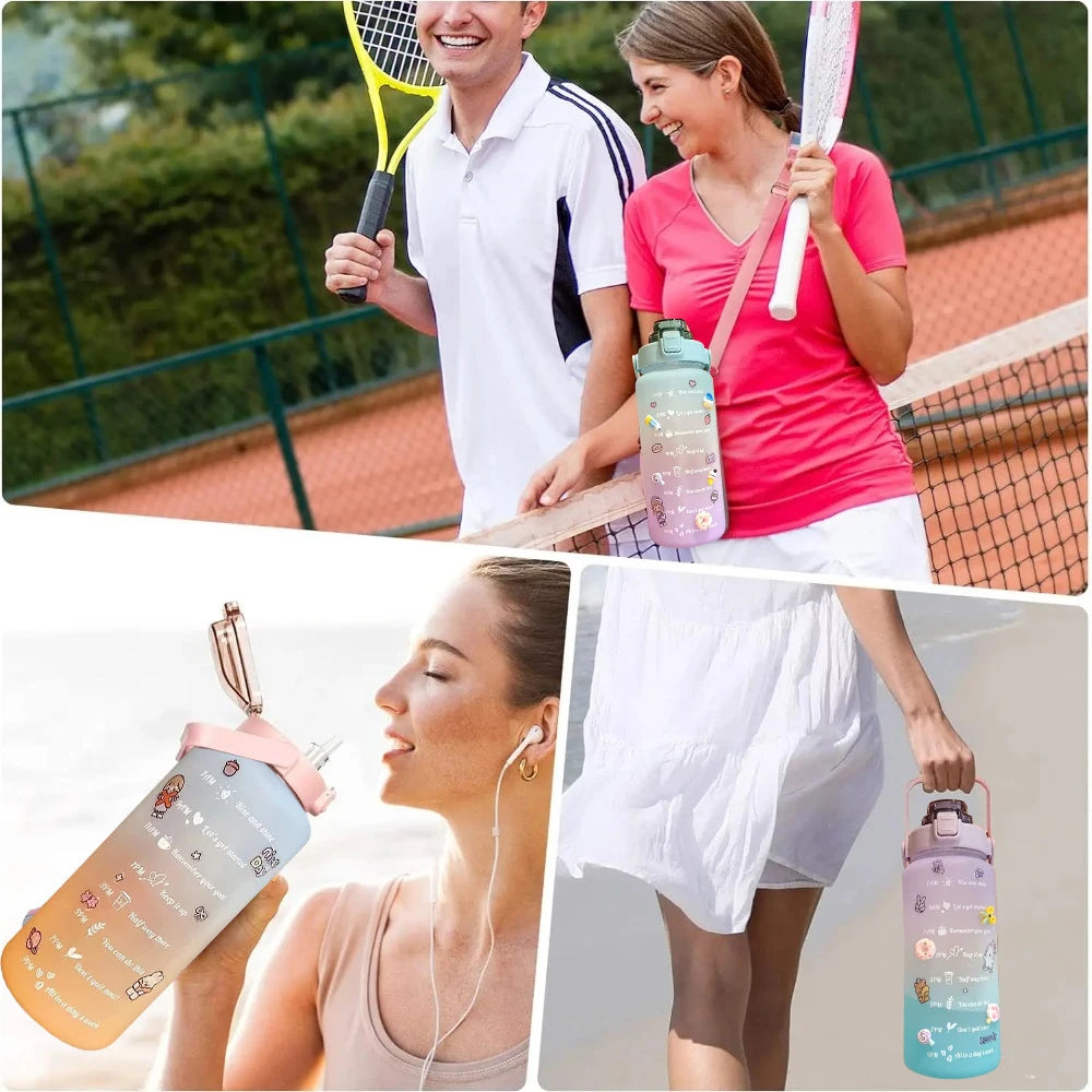 2 Liter Water Bottle Gym Water Bottle Gradient Color Sport Water Bottles with Time Marker Frosted Plastic Cup Bounce Lid Fitness