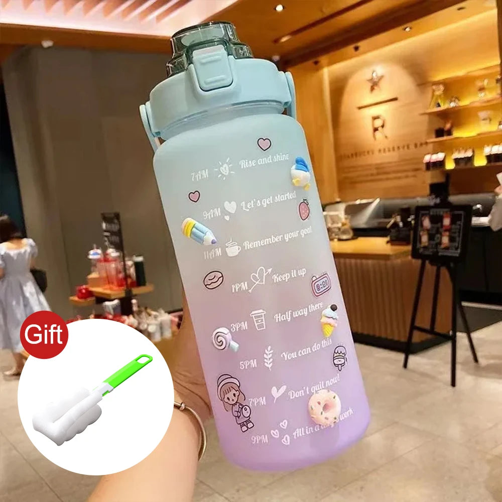 2 Liter Water Bottle Gym Water Bottle Gradient Color Sport Water Bottles with Time Marker Frosted Plastic Cup Bounce Lid Fitness