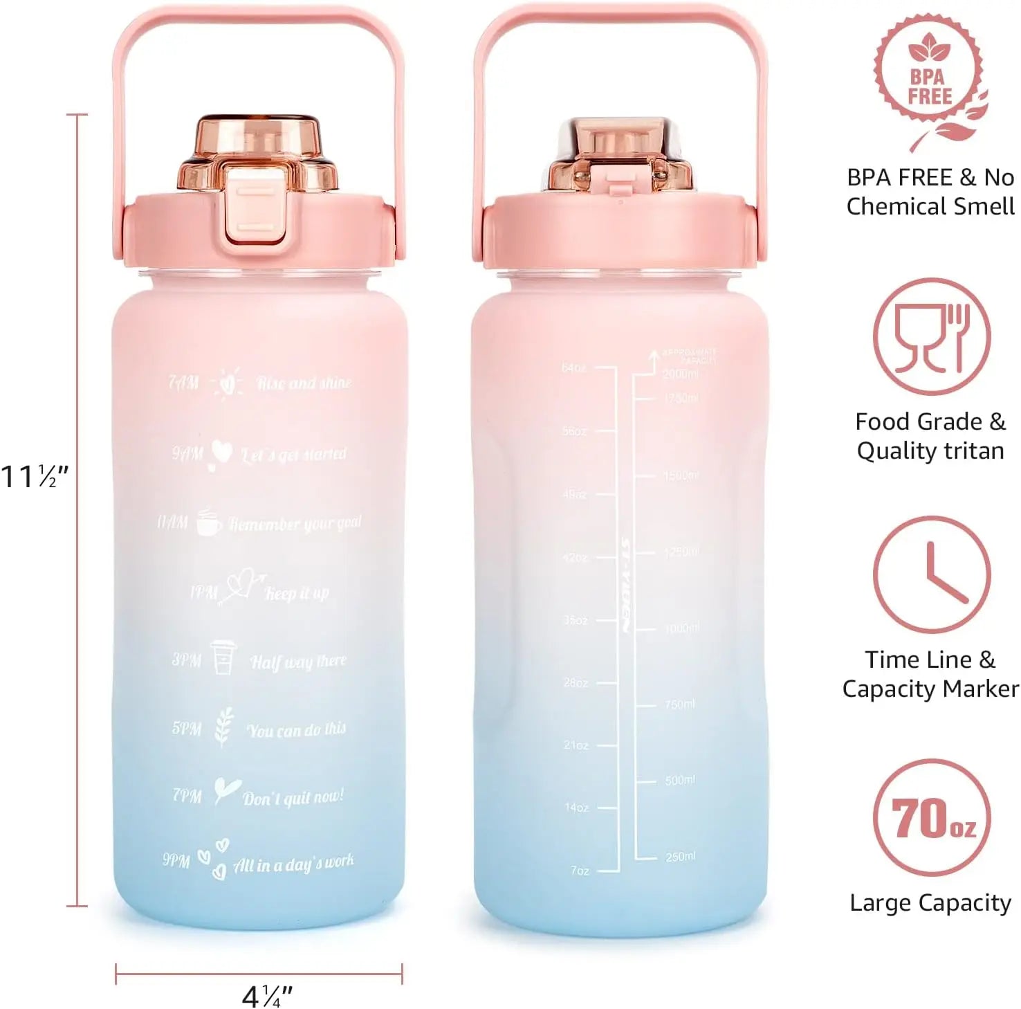2 Liter Water Bottle Gym Water Bottle Gradient Color Sport Water Bottles with Time Marker Frosted Plastic Cup Bounce Lid Fitness