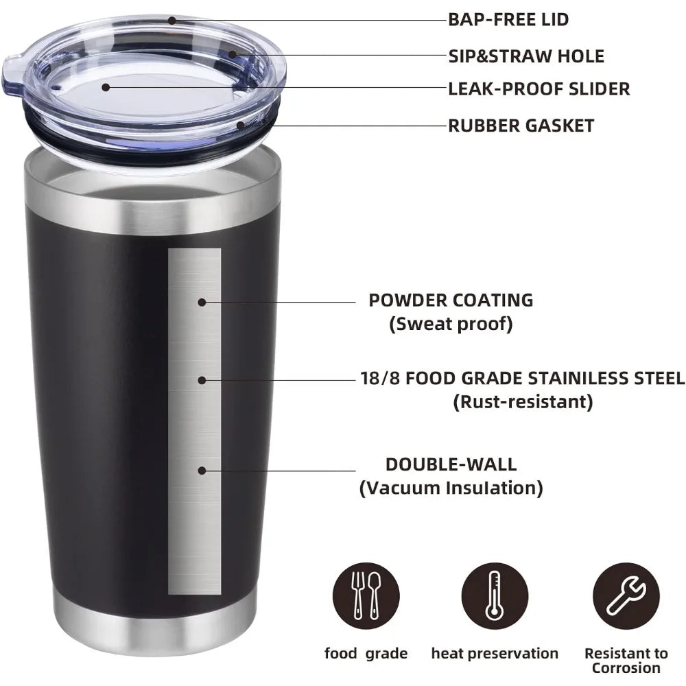 20oz Insulated Tumblers with Lid Stainless Steel Double Wall Tumbler Travel Coffee Cups Powder Coated Tapered Metal Thermal Mug