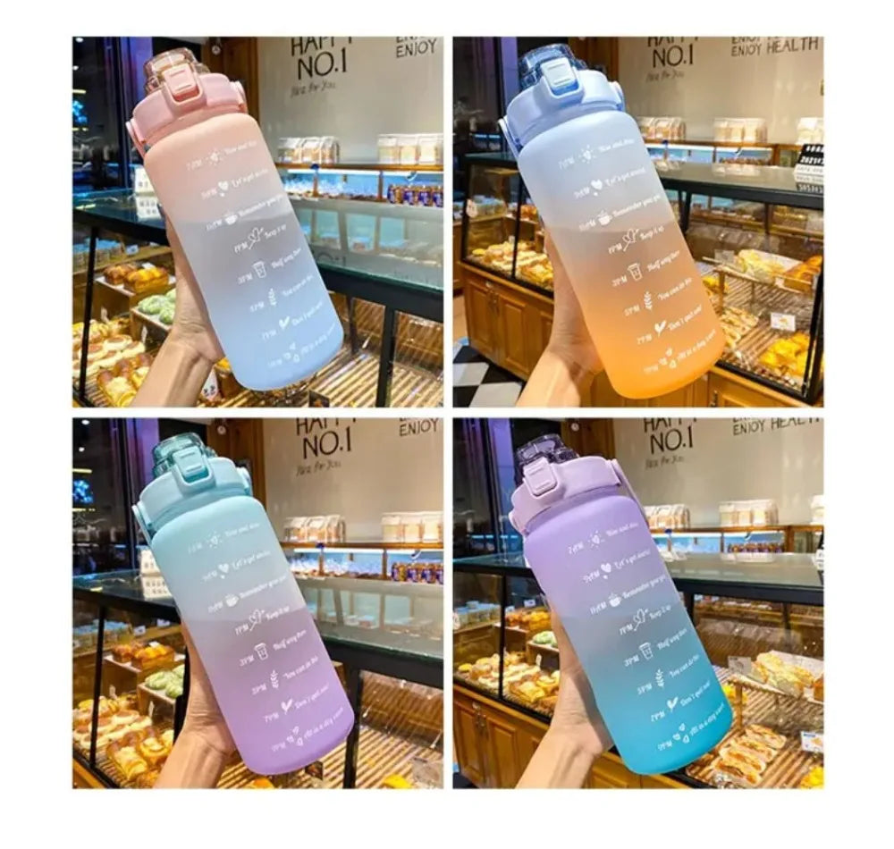 2 Liter Water Bottle Gym Water Bottle Gradient Color Sport Water Bottles with Time Marker Frosted Plastic Cup Bounce Lid Fitness