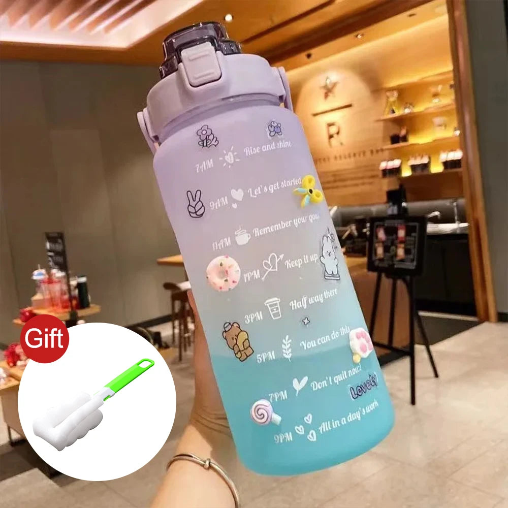 2 Liter Water Bottle Gym Water Bottle Gradient Color Sport Water Bottles with Time Marker Frosted Plastic Cup Bounce Lid Fitness