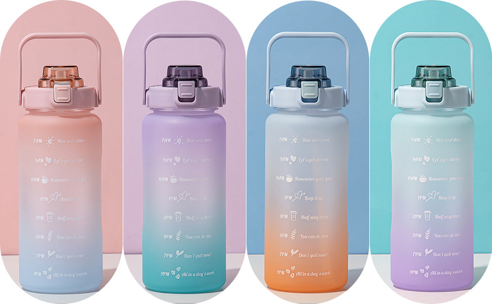 2 Liter Water Bottle Gym Water Bottle Gradient Color Sport Water Bottles with Time Marker Frosted Plastic Cup Bounce Lid Fitness