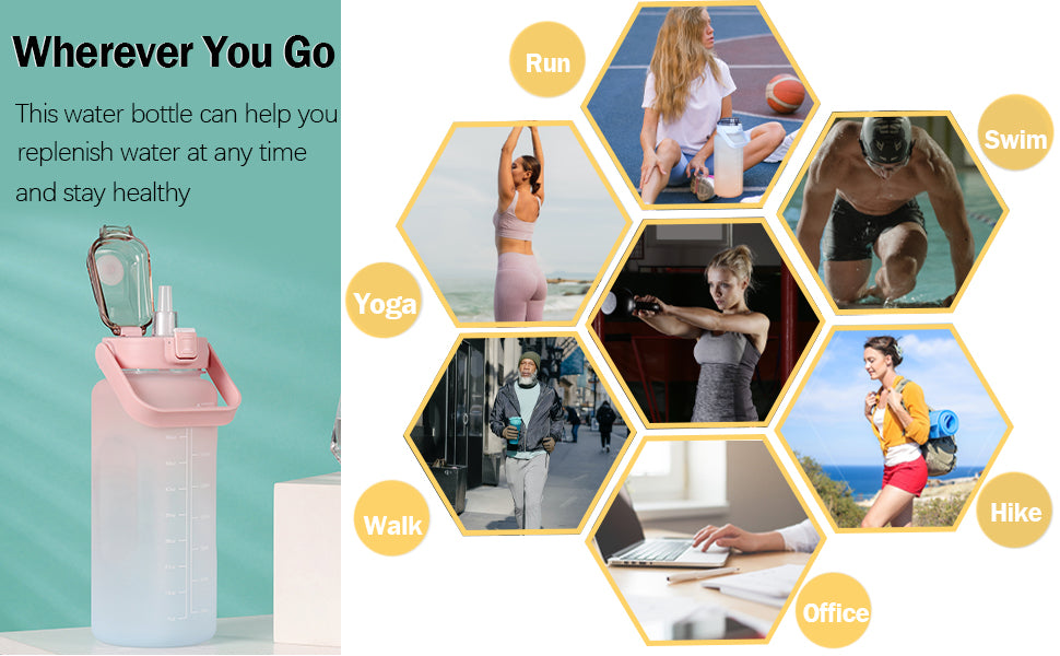 2 Liter Water Bottle Gym Water Bottle Gradient Color Sport Water Bottles with Time Marker Frosted Plastic Cup Bounce Lid Fitness